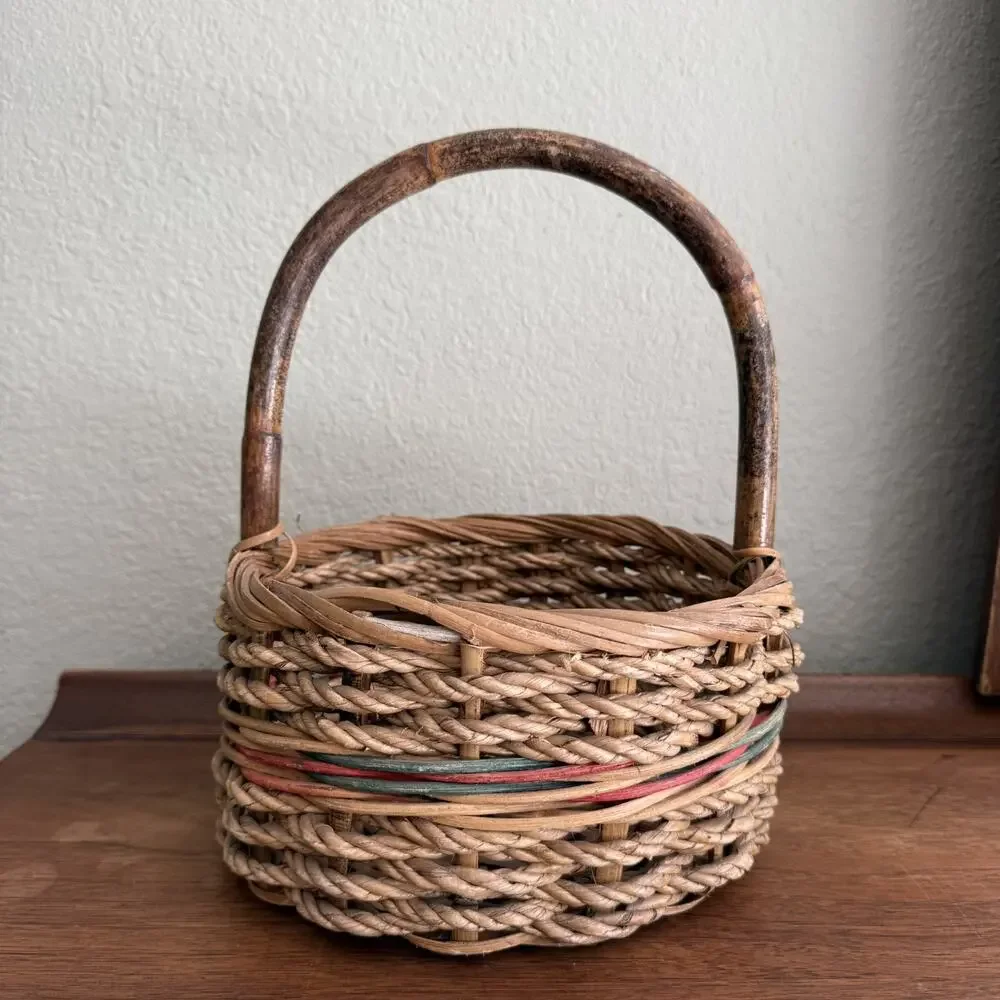 Vintage Brown Natural Woven Ratten Storage Basket Medium Round With Handle